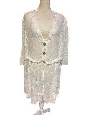 Banana Blue White 100% Linen Button Front Duster Midi Dress 0S Made in Australia